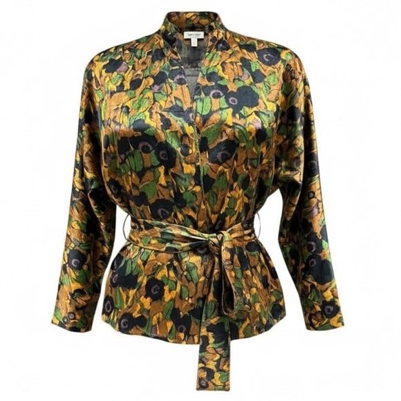 Vintage Jackets & Blazers - Vintage Floral Belted Blazer Black Gold Green Purple Lapel Flap Crop Blazer EUC